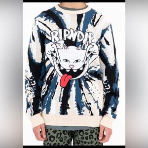 RIPNDIP Graphic Crewneck Big Smile Knit Cat Sweater Cream/Navy Men's Size:S|Art